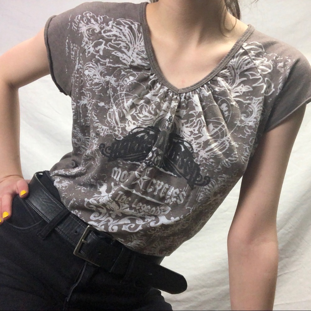 Y2K Harley Davidson Ruched V-neck Short Sleeve Top
